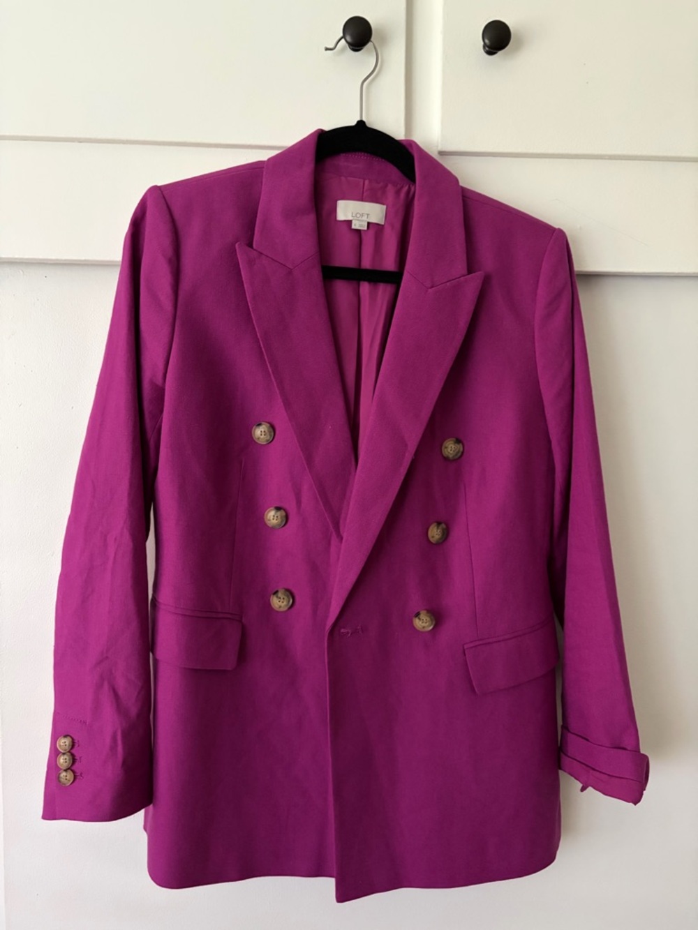 LOFT Double-Breasted Linen Fuchsia Blazer with Gold Buttons